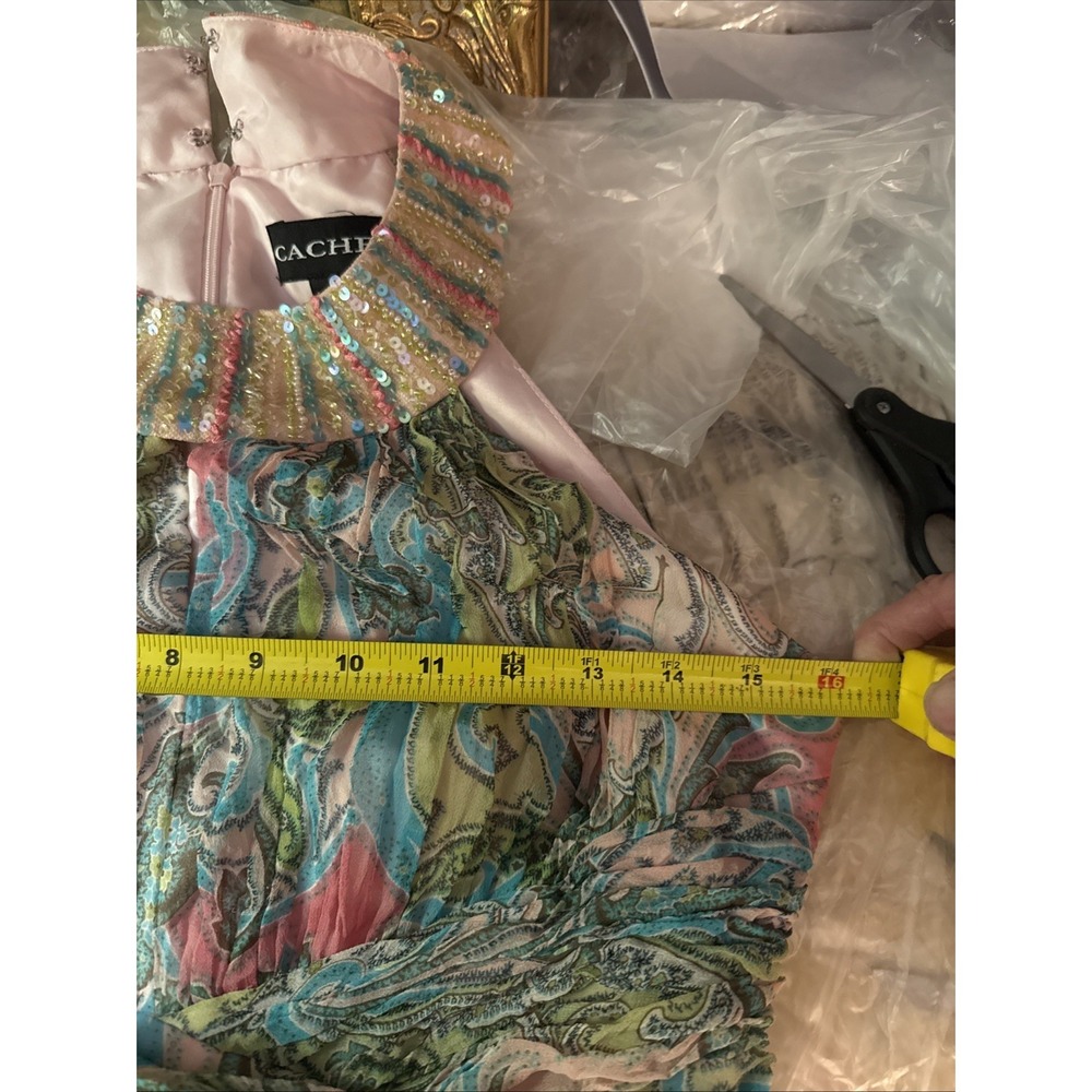 Cachet Women's Sz 6 Dress Pink & Green Blue Beaded Neckline Paisley Print - Picture 12 of 16